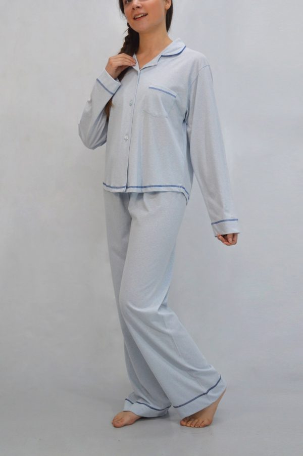 Pijama casaco com gola e bolso, calças compridas