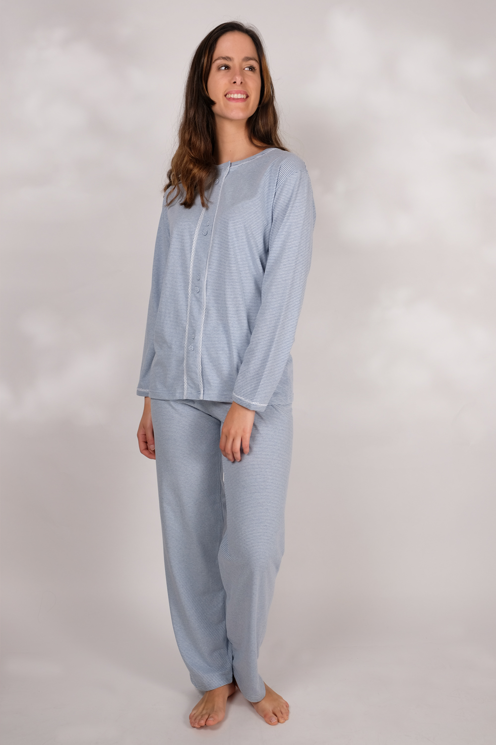 Pijama casaco com rendas e botões forrados, Azul