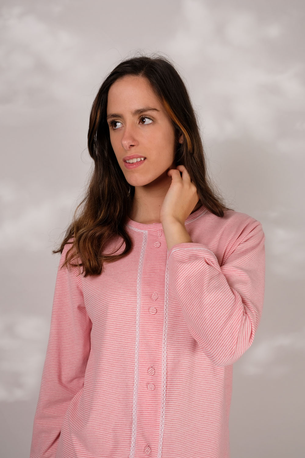 Pijama casaco com rendas e botões forrados, Rosa