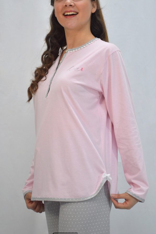 Pijama conjunto de calças + Sweatshirt, Love, Pintas e Rosa / Cinza