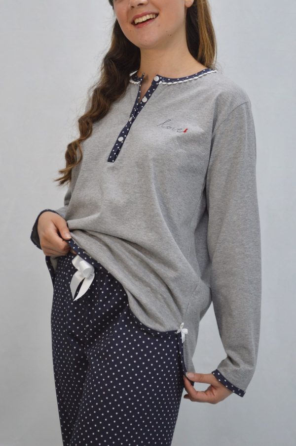 Pijama conjunto de calças + camisola, Love, Pintas e Cinza