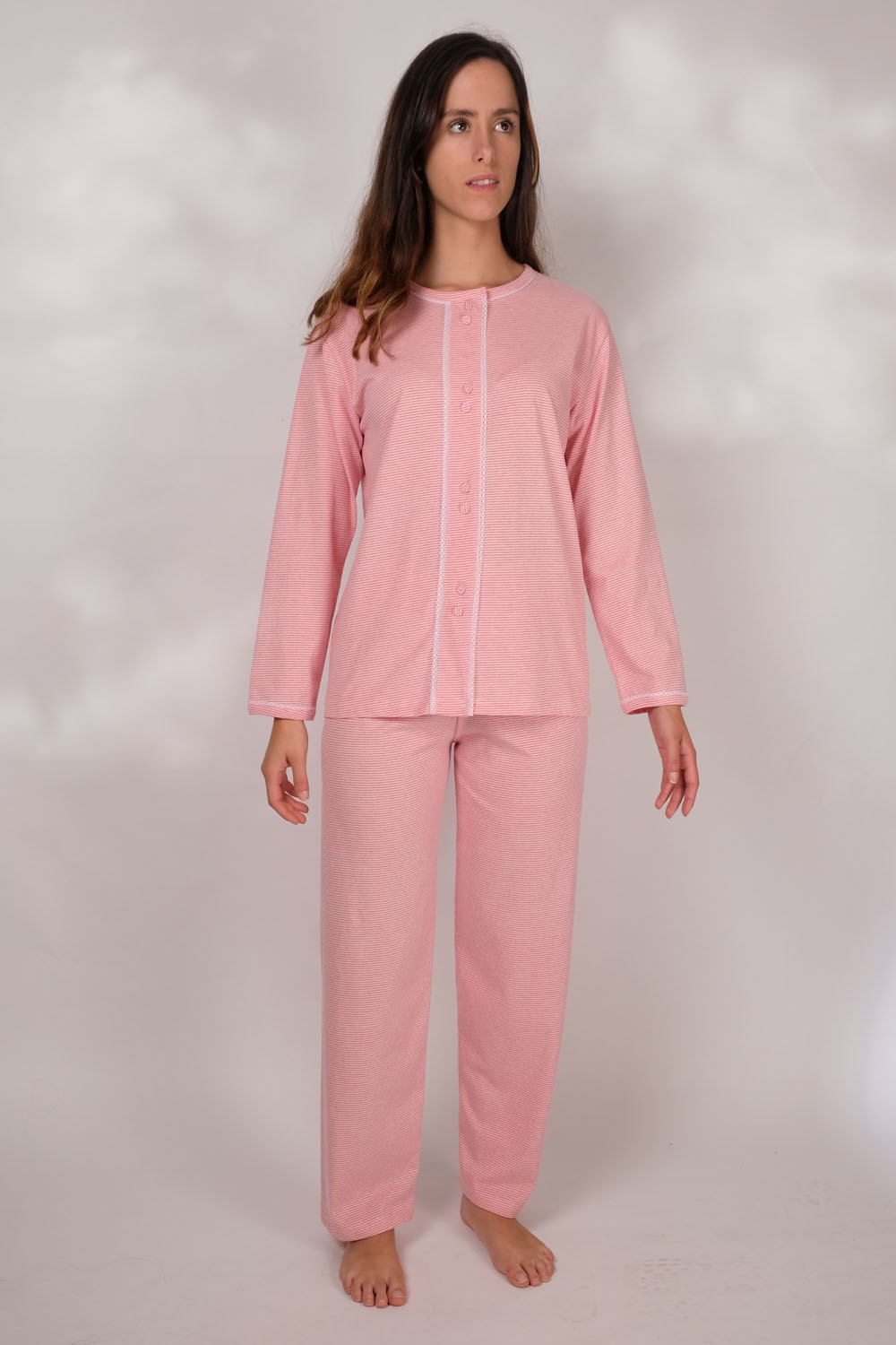 Pijama casaco com rendas e botões forrados, Rosa