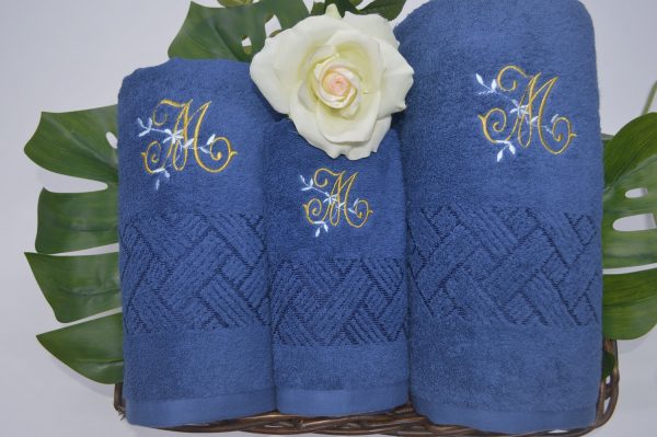 Jogo de banho com barra jacquard viscose e bordado Azul Jeans