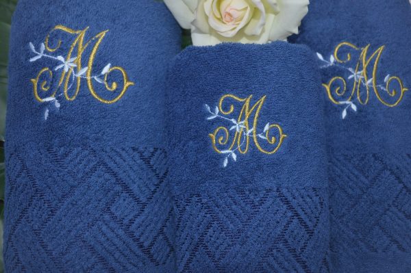 Jogo de banho com barra jacquard viscose e bordado Azul Jeans