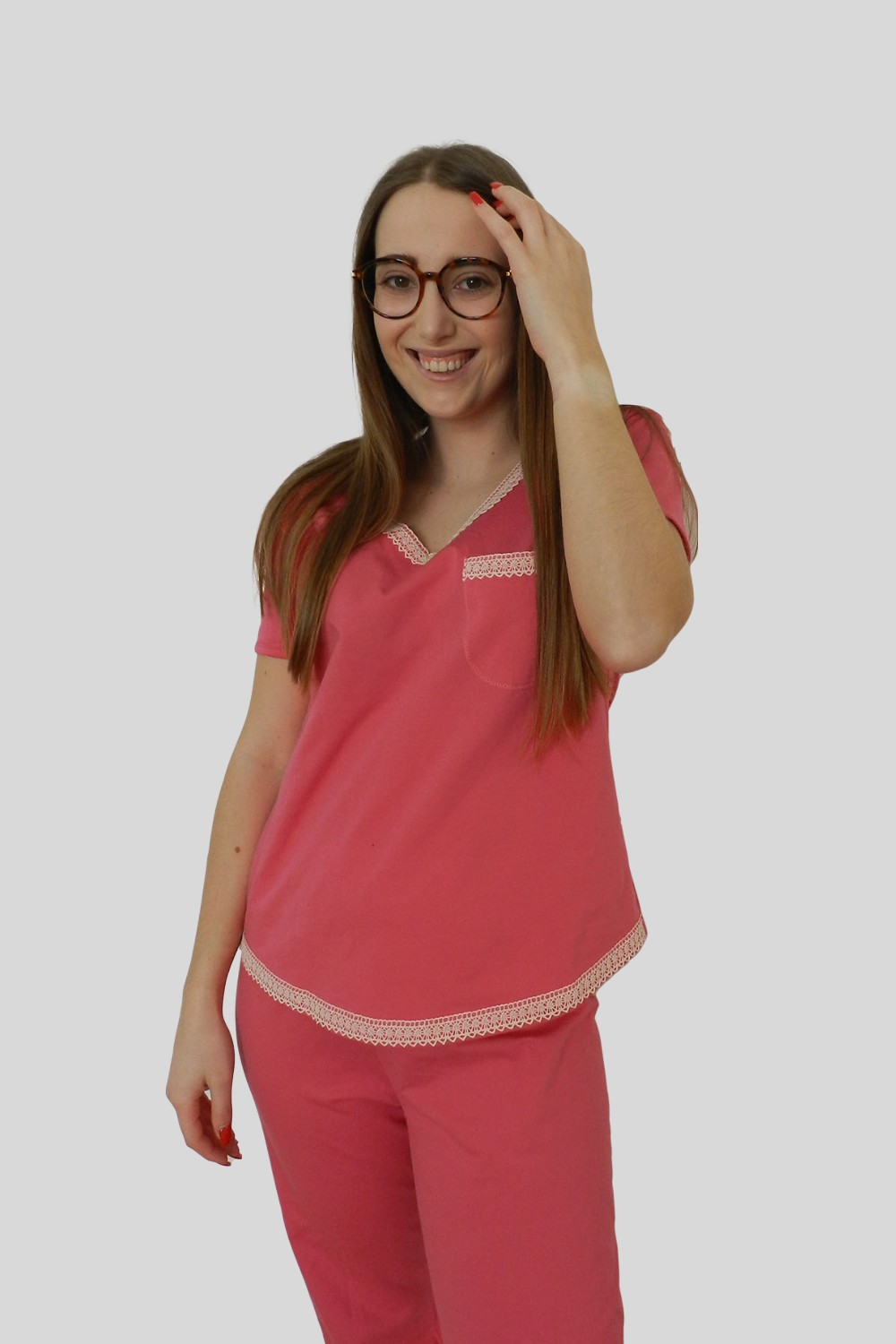 Conjunto T-shirt e calças em Jersey e detalhes em renda de algodão orgânico, Coral Conjunto T-shirt e calças em Jersey e detalhes em renda de algodão orgânico, Coral