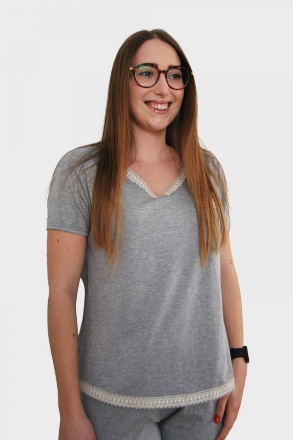 Conjunto T-shirt e calças em Jersey e detalhes em renda de algodão orgânico, Cinza