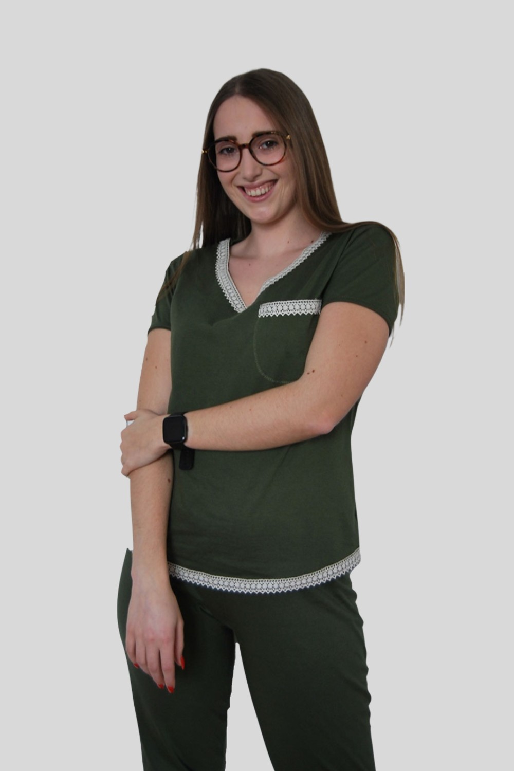 Conjunto T-shirt e calças em Jersey e detalhes em renda de algodão orgânico, Verde Kaki Conjunto T-shirt e calças em Jersey e detalhes em renda de algodão orgânico, Verde Kaki