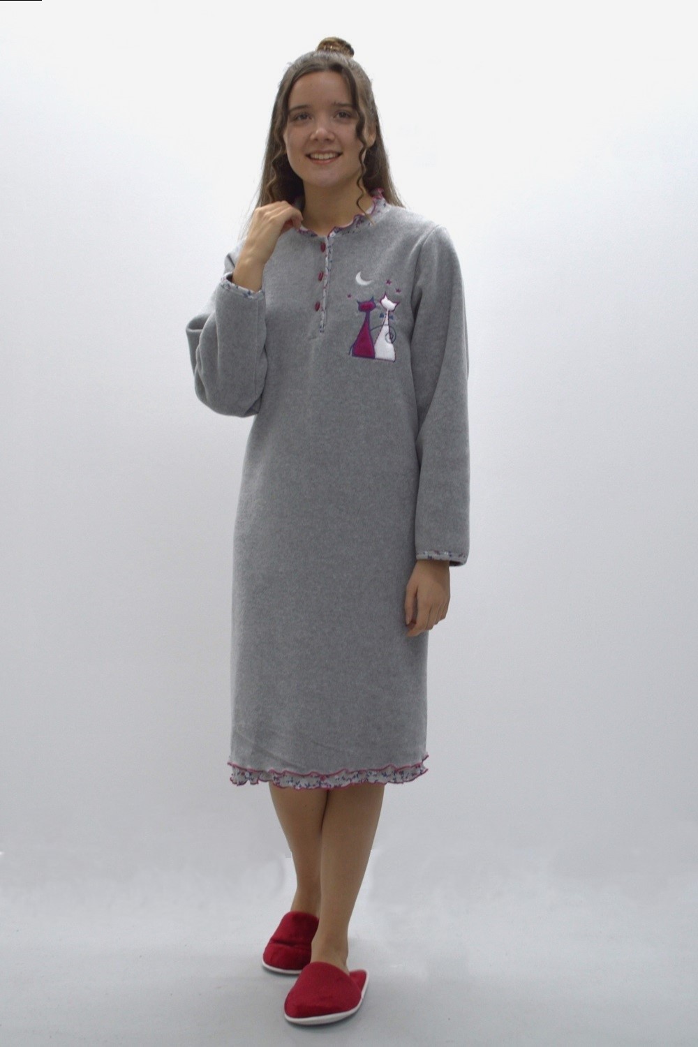 Camisa de dormir polar com bordado, Cinza