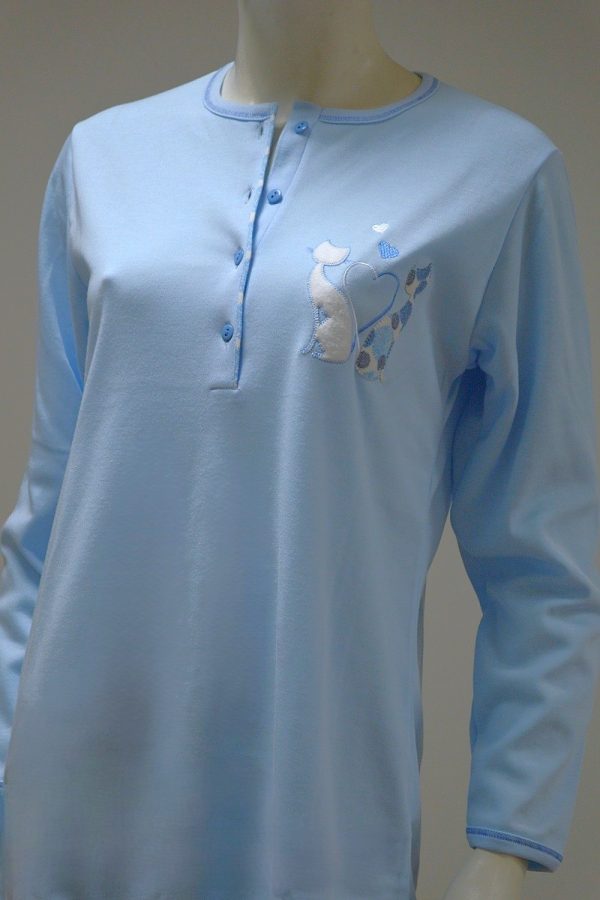 Camisa de dormir com bordado gatos, Azul