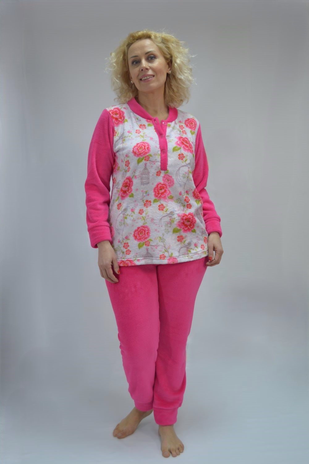 Pijama Senhora em coralina com estampado, Rosa Fuchsia Pijama Senhora em coralina com estampado, Rosa Fuchsia