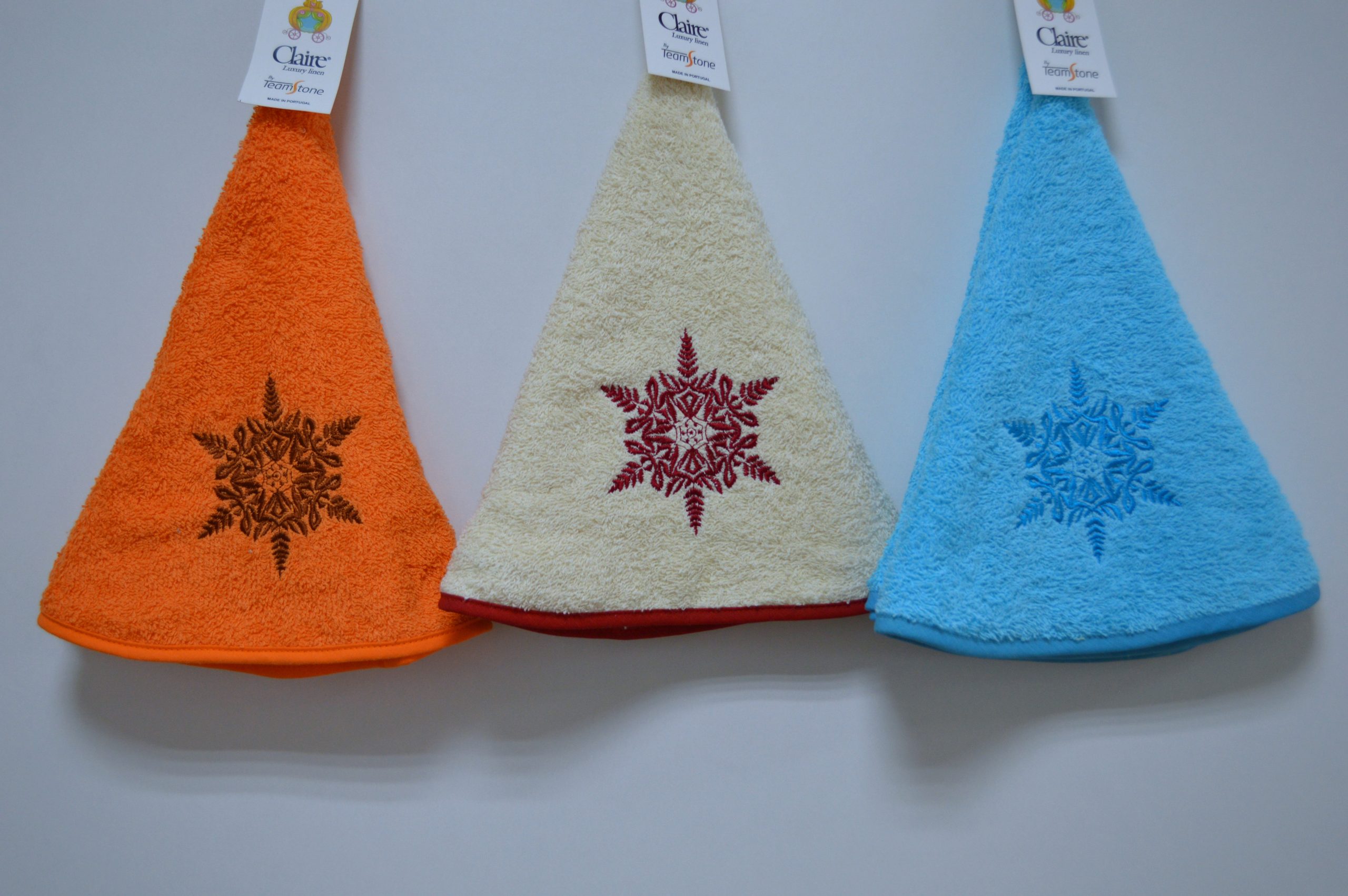 Pano de cozinha redondo, Bordado Floco de Neve, laranja, creme, turquesa Pano de cozinha redondo, Bordado Floco de Neve, laranja, creme, turquesa