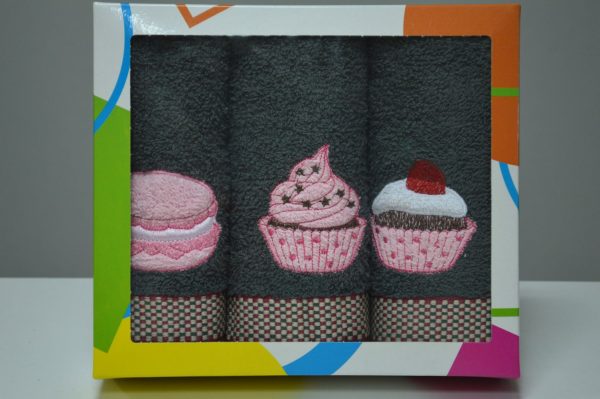 Conjunto de 3 panos em felpo em caixa presente, Bordado Cupcake, cinza escuro