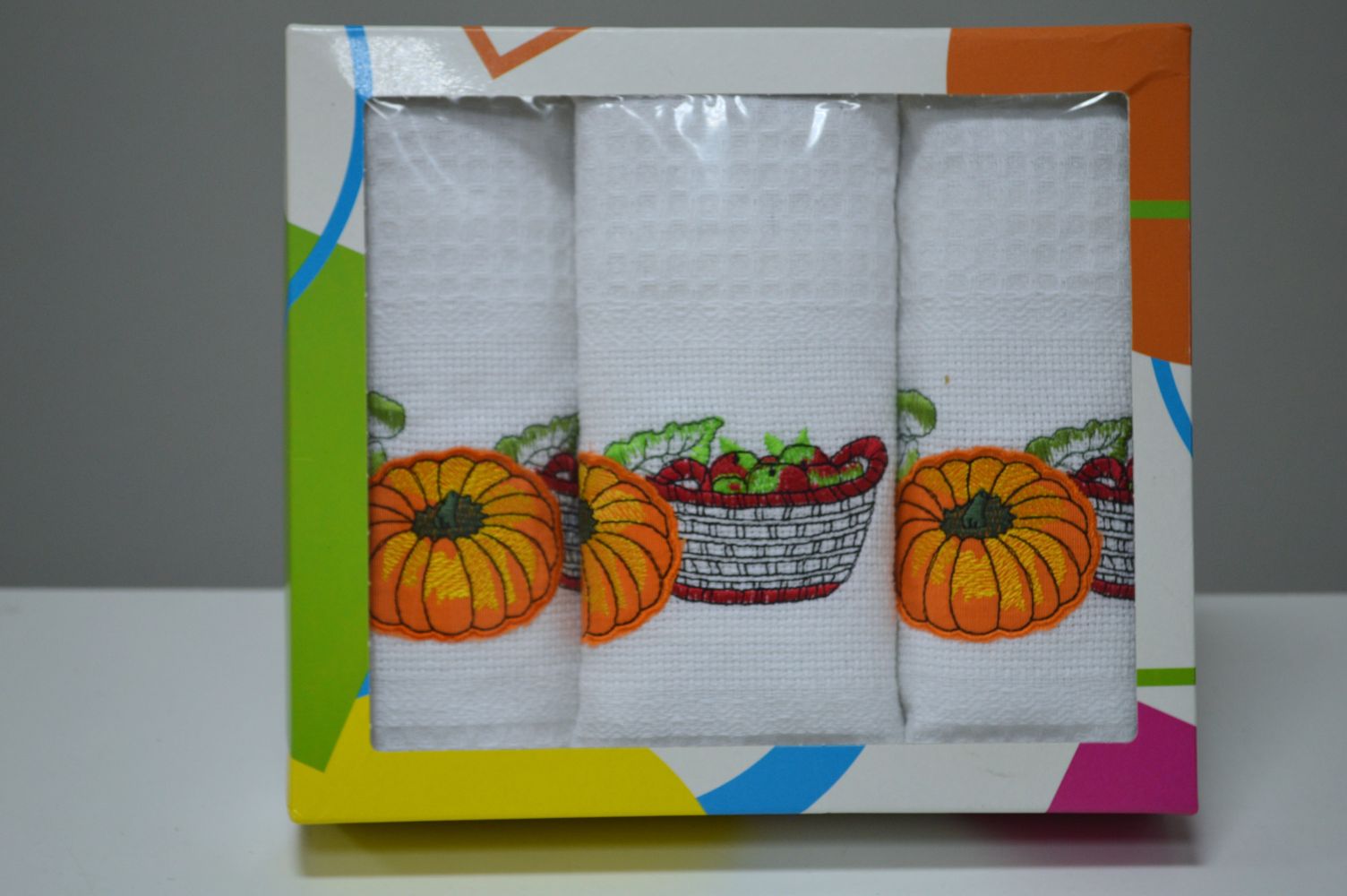 Conjunto de 3 panos em favo em caixa presente, Bordado Colheita Conjunto de 3 panos em favo em caixa presente, Bordado Colheita
