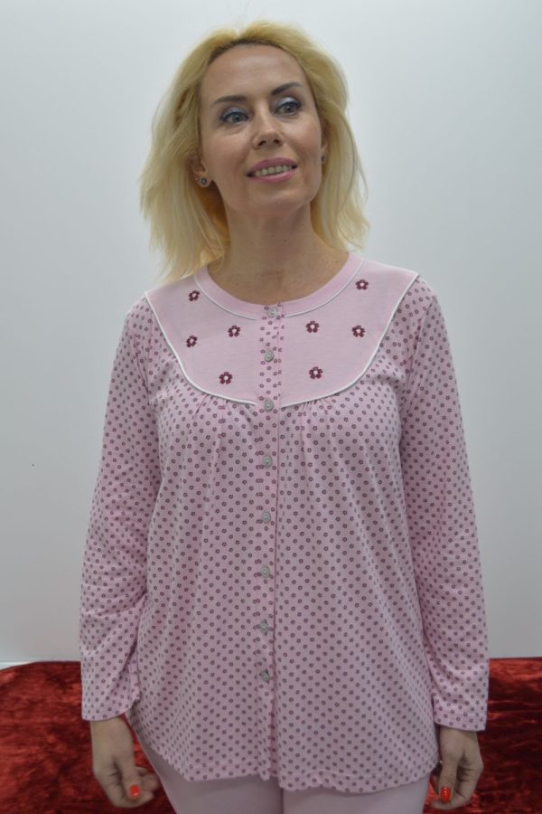 Pijama camiseiro com bordado, Rosa