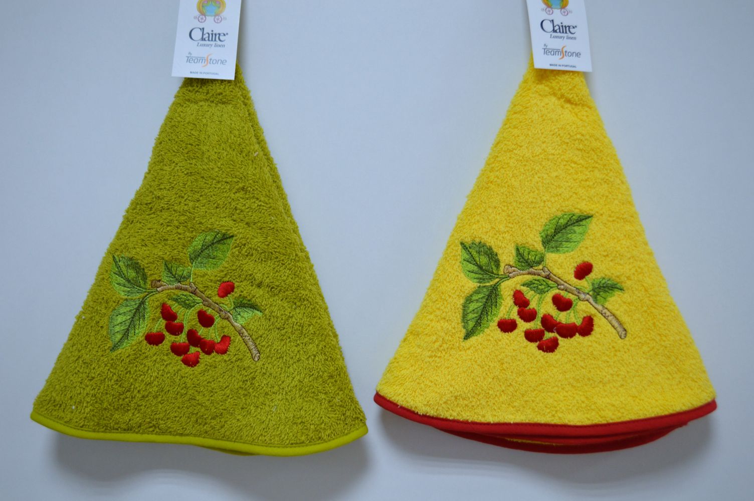 Pano de cozinha redondo, Bordado Cerejas , Verde e Amarelo Pano de cozinha redondo, Bordado Cerejas , Verde e Amarelo