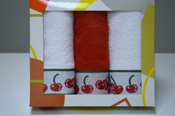 Conjunto de 3 panos em felpo em caixa presente, Barra jacquard Cerejas