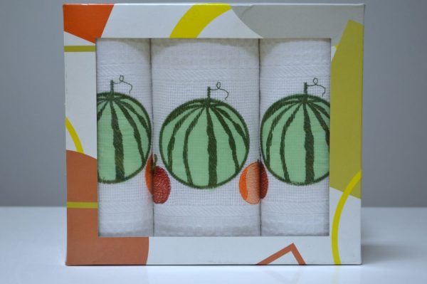 Conjunto de 3 panos em favo em caixa presente, Bordado Melancia