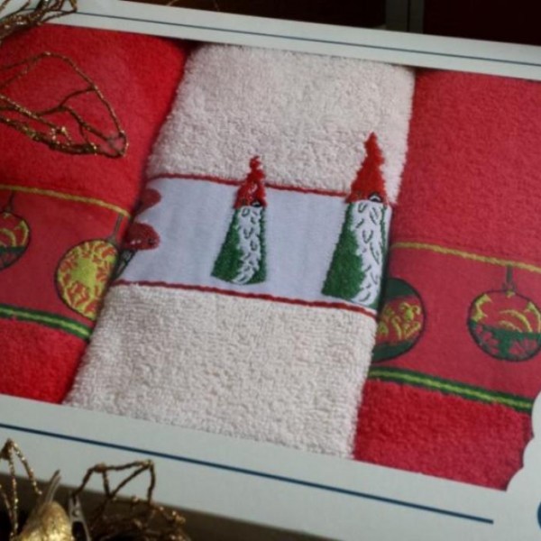 Pano de cozinha em felpo com barra jacquard de Natal em caixa. Produção sob consulta.